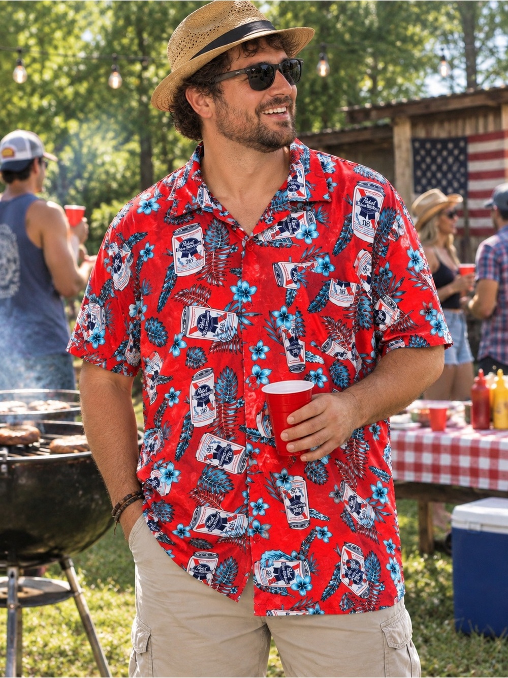 Pabst Blue Ribbon Hawaiian Camp Shirt Party Shirt Cook-Out 3XL